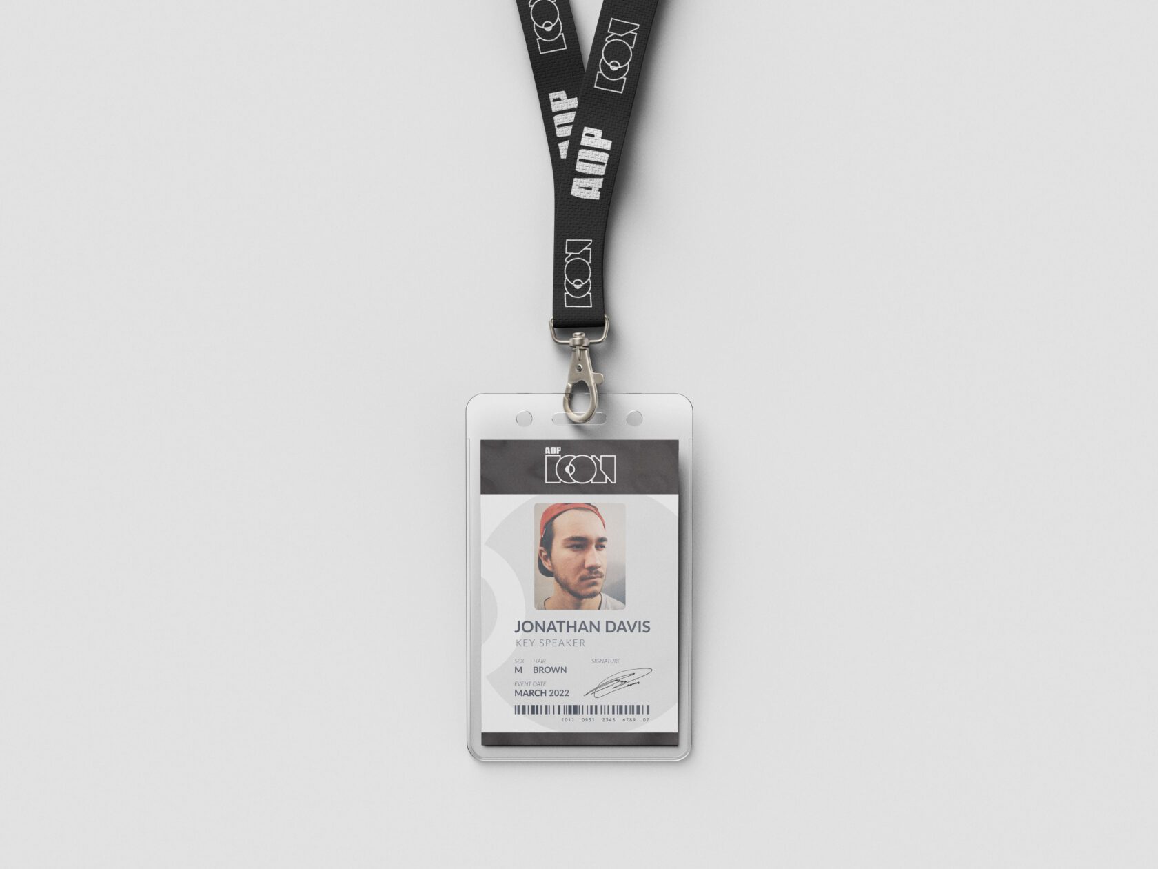 Lanyard and event badge for the AOP ICON Awards, showing logo application and speaker details. Designed by Scott Bennett.