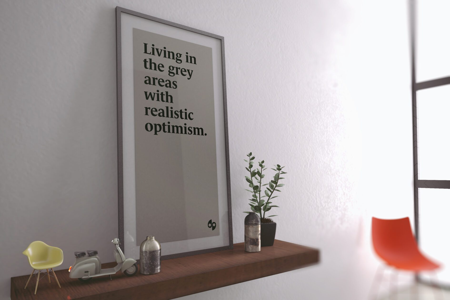 Poster quote ‘Living in the grey areas with realistic optimism’ reflecting Raise Global’s coaching philosophy and tone.
