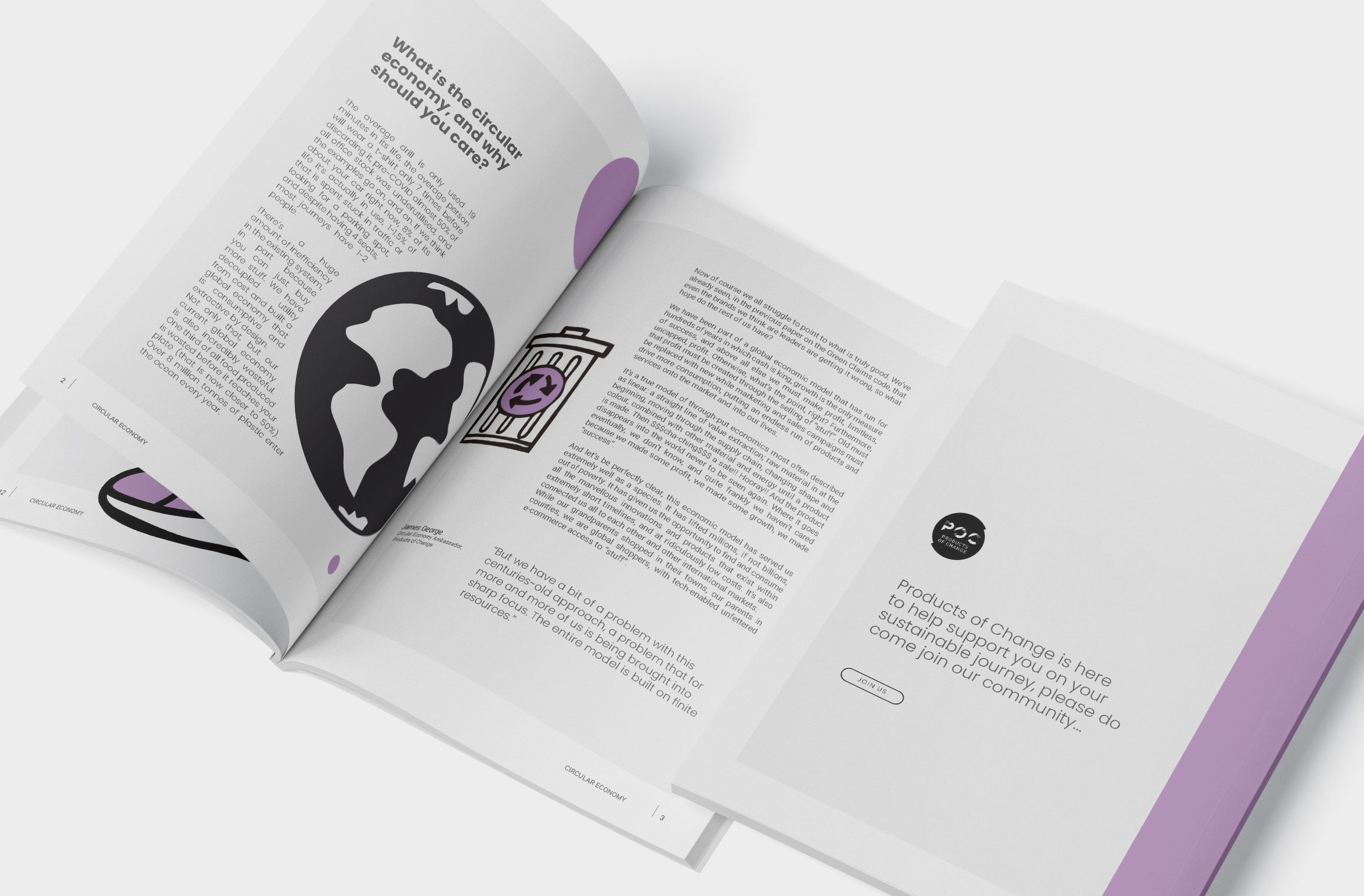 Double-page layout from the Circular Economy white paper, combining minimal typography, clean composition, and illustrative planet graphics.