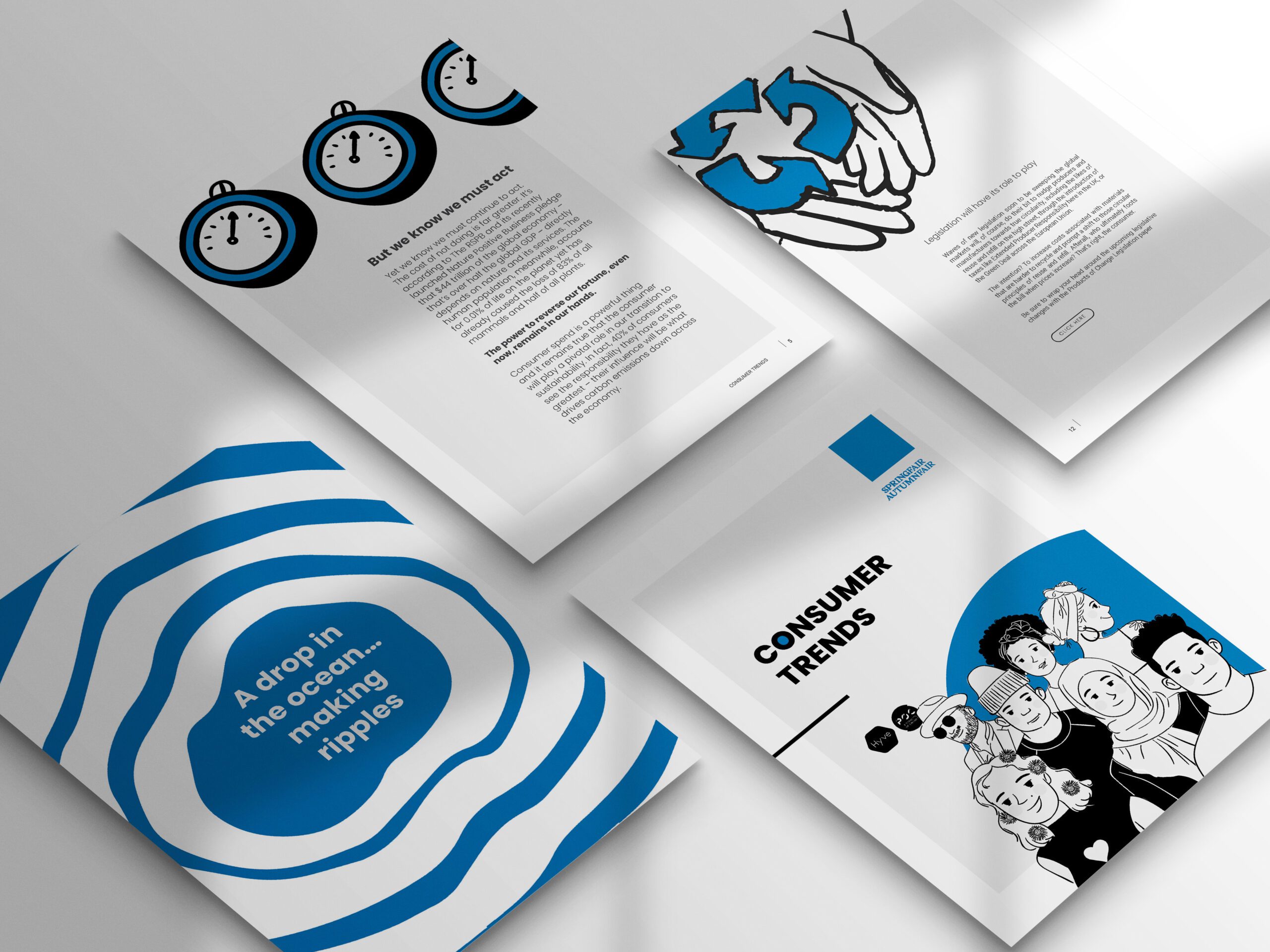 Interior and cover design for the ‘Consumer Trends’ white paper, featuring iconography, clean typography, and a blue ripple visual.