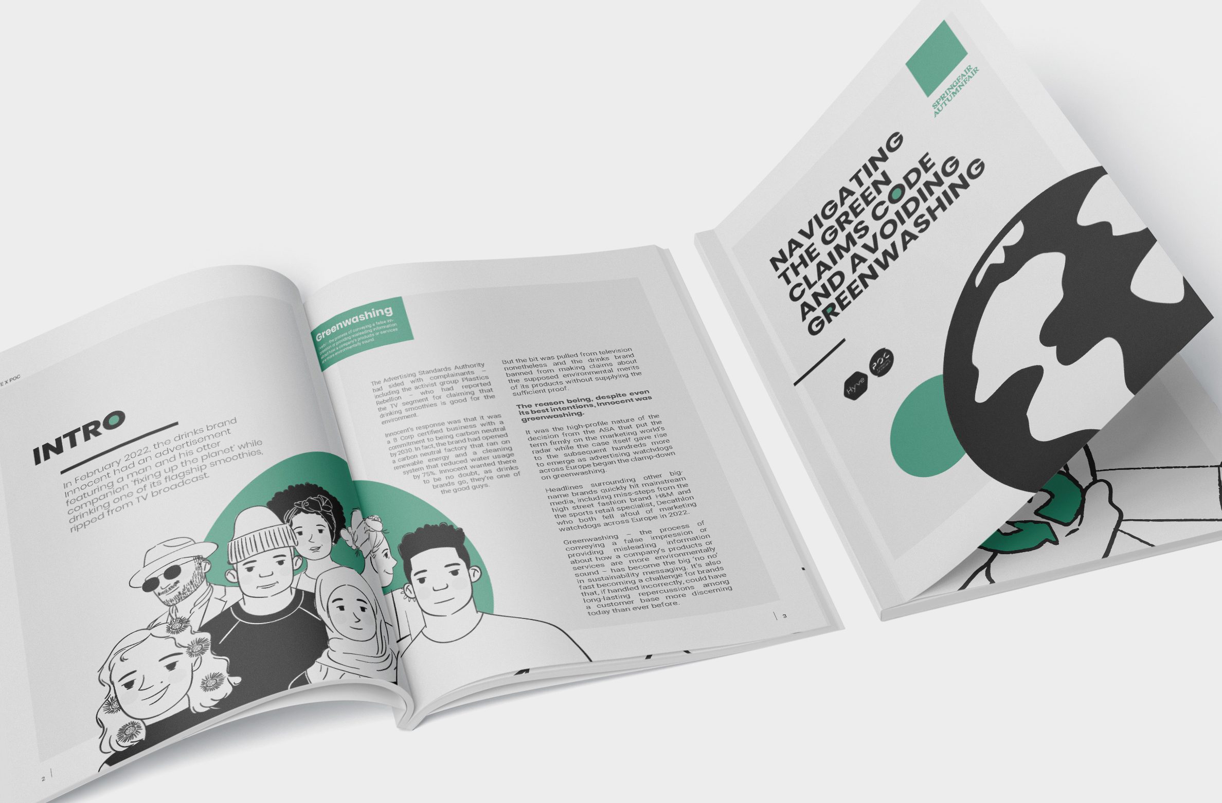 Introductory spread from the Green Claims Code white paper, featuring diverse illustrated characters and a clear, accessible layout.