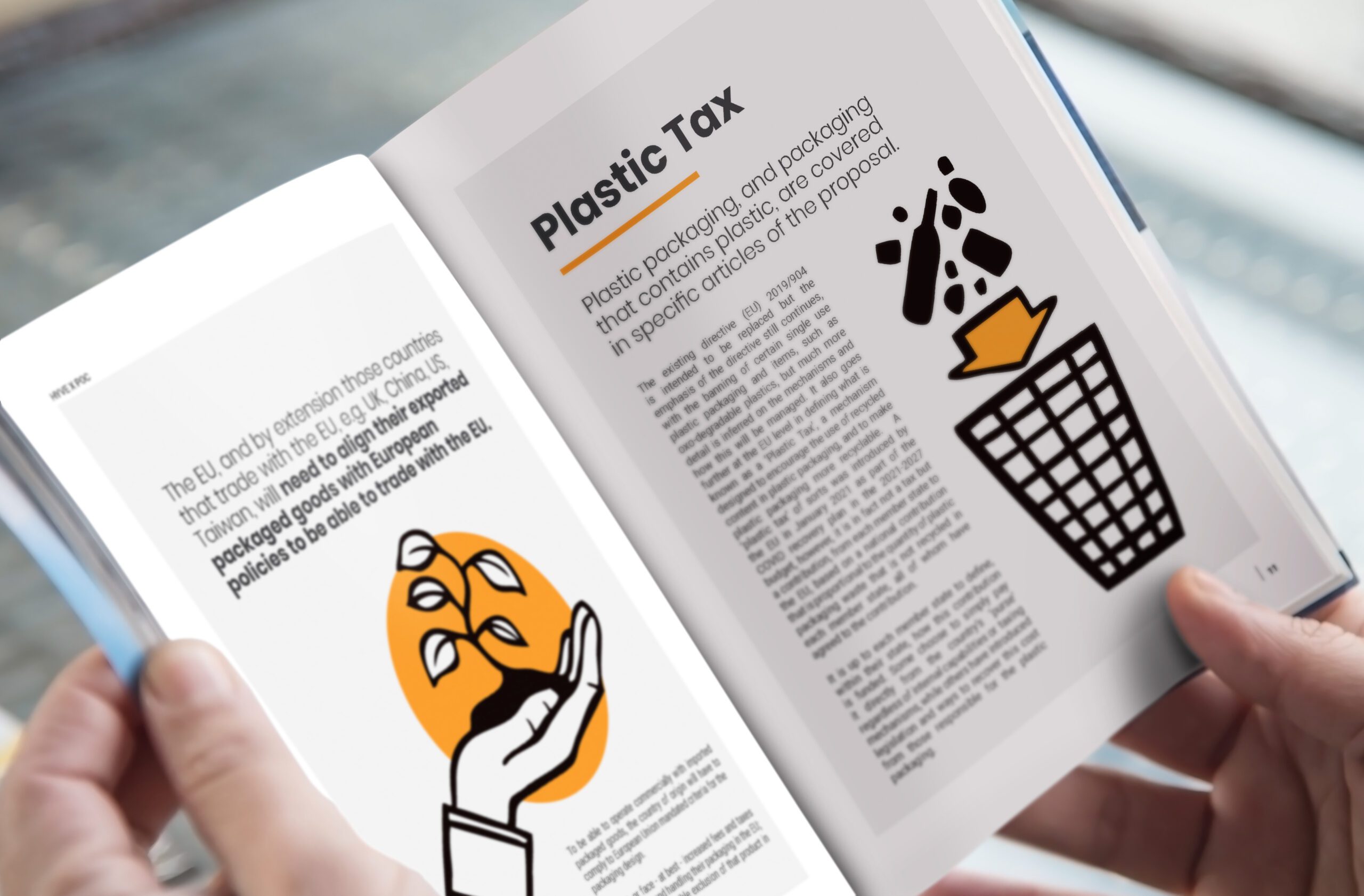 Double-page spread from the sustainability white paper series, breaking down Plastic Tax legislation with clear layout and custom illustration.