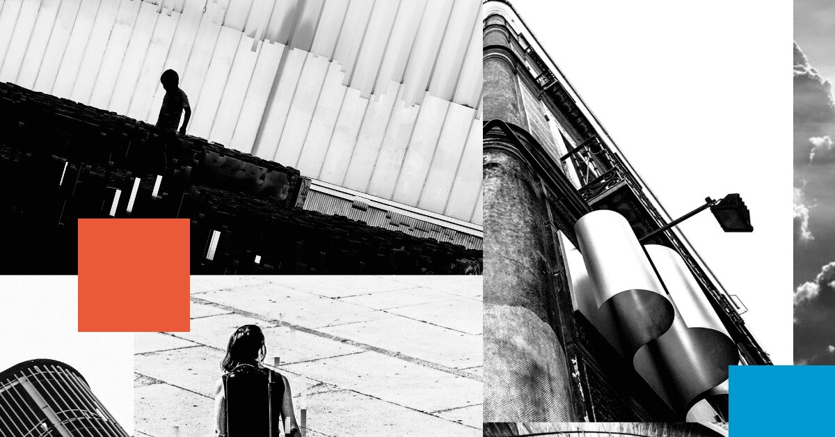 Abstract collage of urban architecture and human figures in black and white, used to express Raise Global’s bold yet thoughtful visual tone.