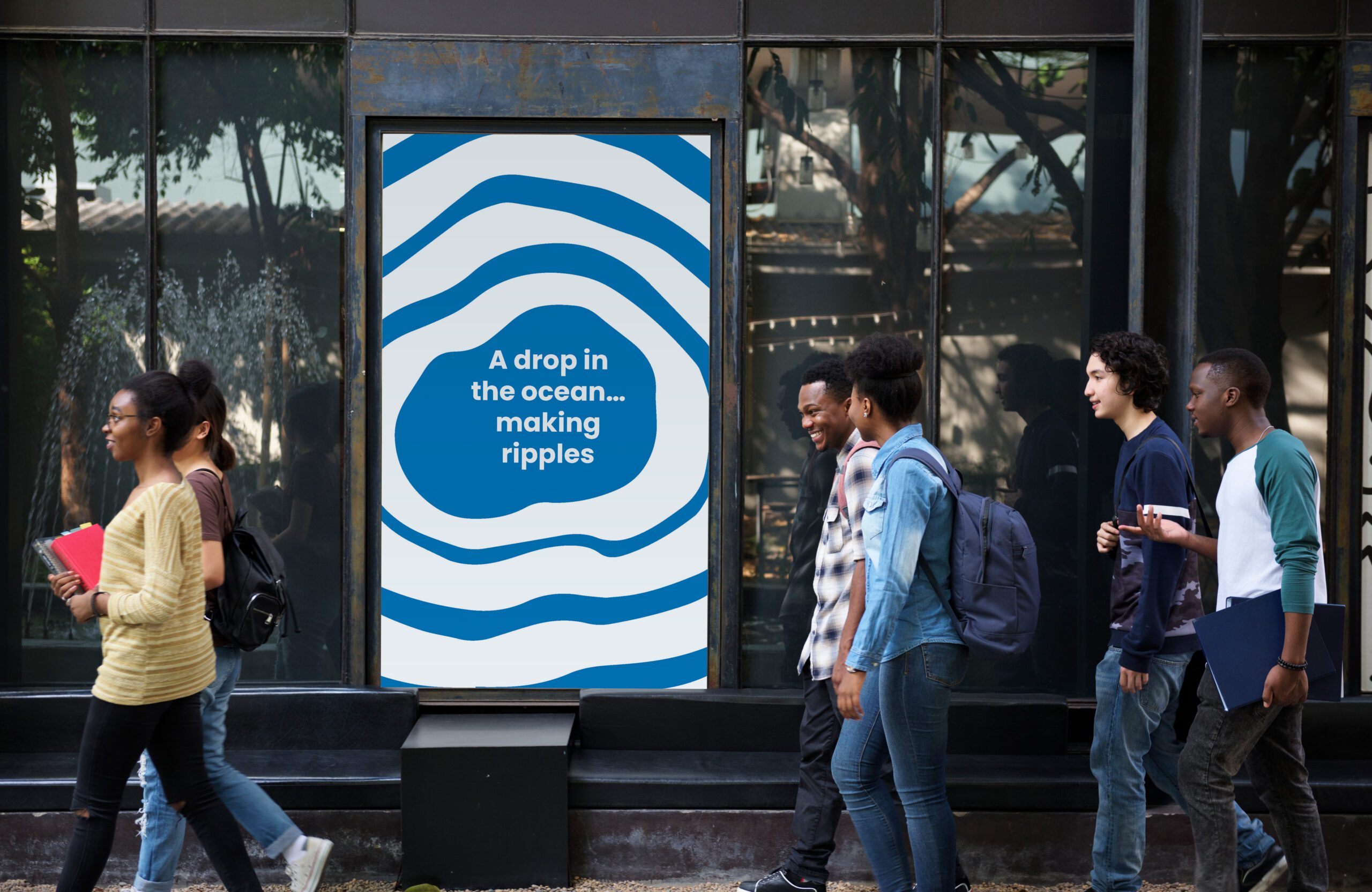 Environmental awareness poster with ripple graphic and message ‘A drop in the ocean… making ripples’, part of wider sustainability design series.