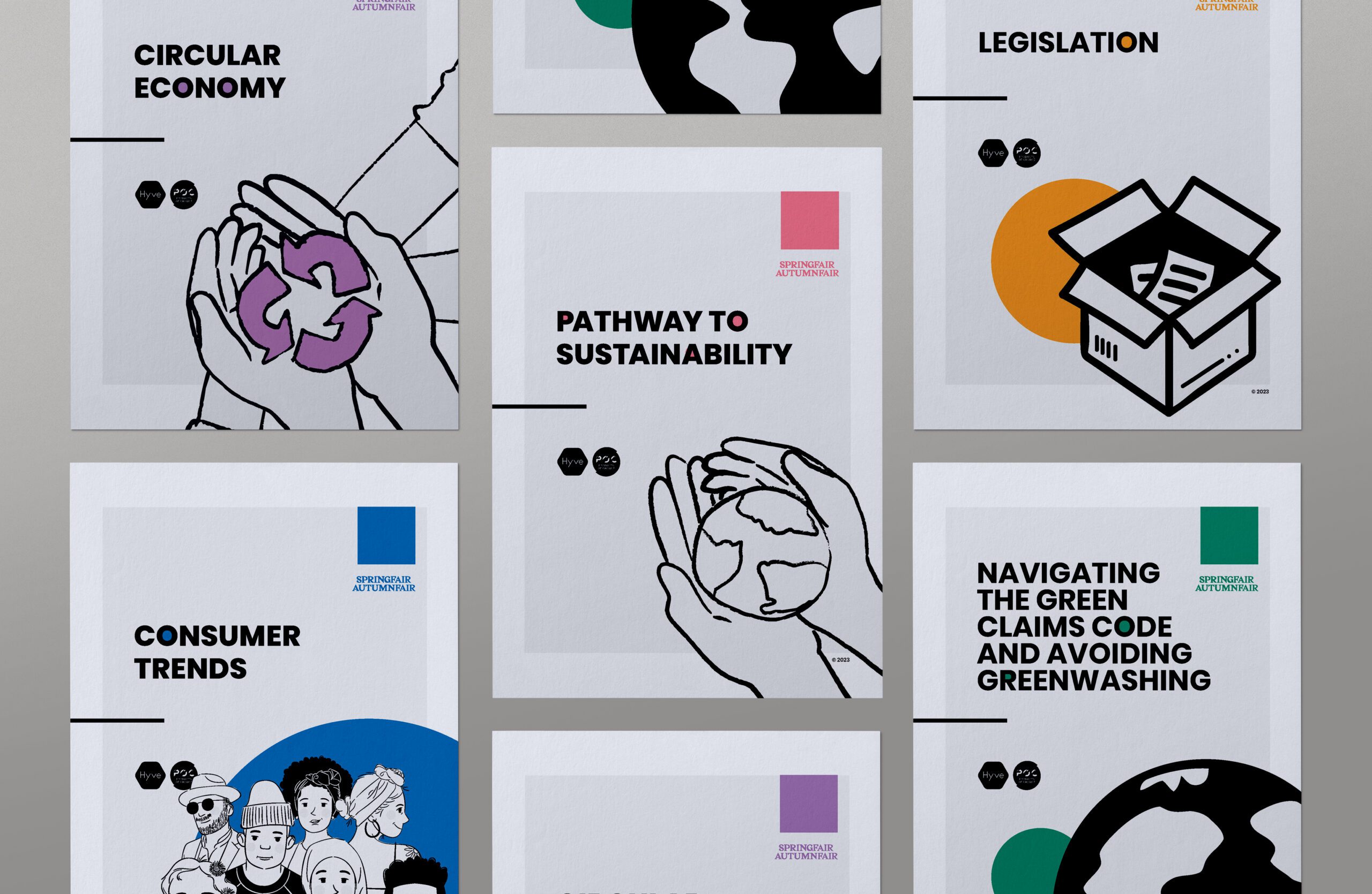 Overview of the five-part sustainability white paper series designed for Hyve Group and Products of Change, each with distinct illustrations and colour accents.