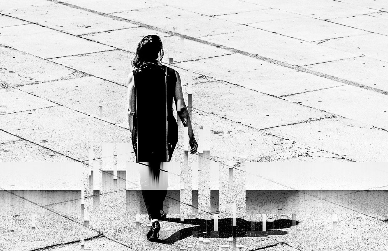 Black and white glitch-style artwork of a woman walking alone across a large concrete plaza. Editorial and abstract image used in Raise brand identity.