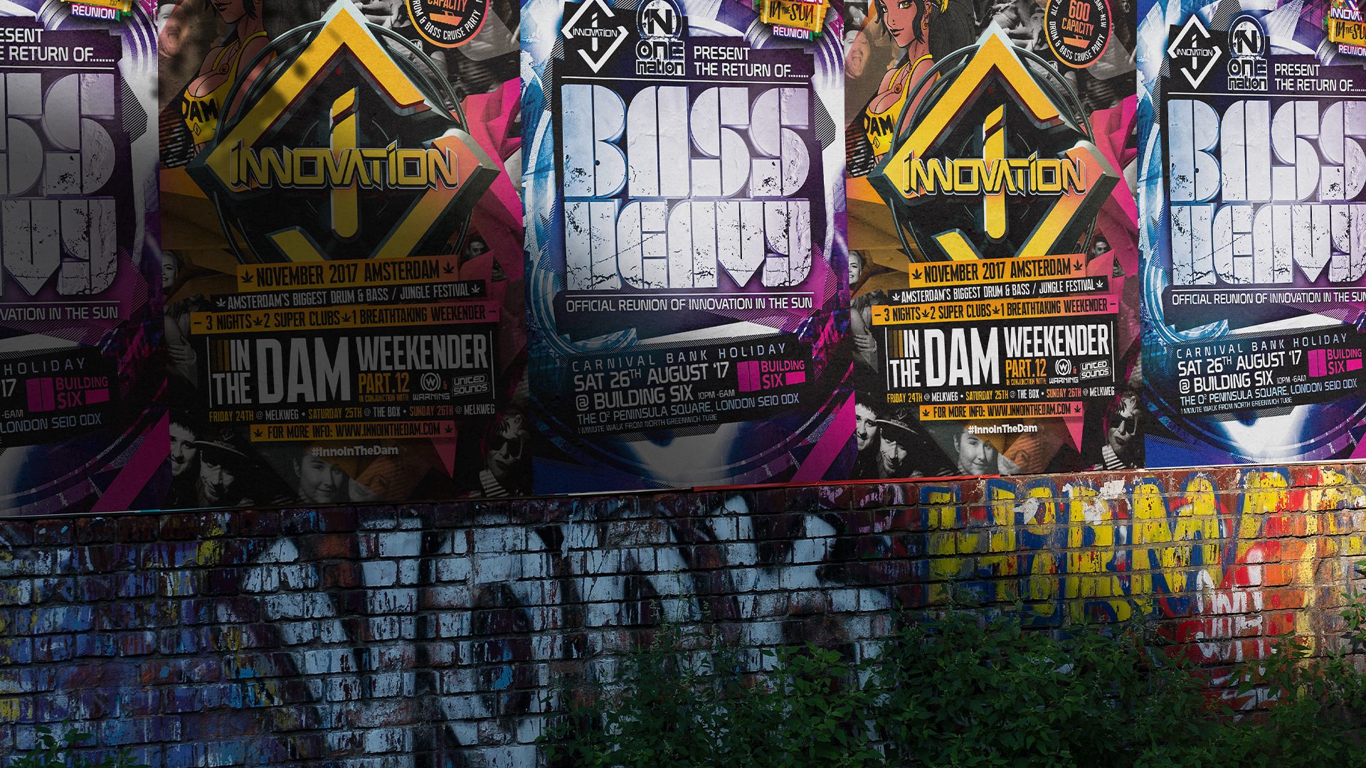 A row of Innovation Events drum and bass posters pasted on a graffiti-covered brick wall, showing large-scale print campaigns in public spaces.