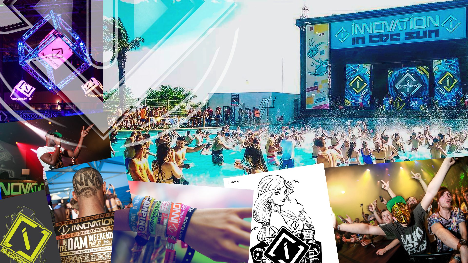 A collage of event visuals including stage design, poster sketches, branding elements and audience shots from Innovation Events drum and bass festivals.