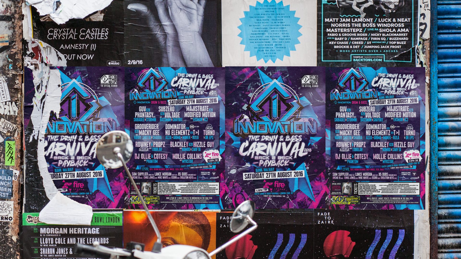 Urban flyposting of Innovation Events artwork for Carnival and club nights, surrounded by other music posters on a textured city wall.