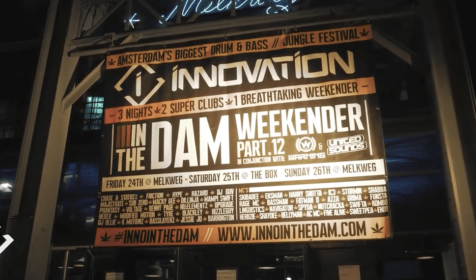A large banner for Innovation In The Dam Weekender, a major drum and bass event in Amsterdam, designed by The Flyer Master and featuring bold typography, DJ line-ups, and event details outside the Melkweg venue.