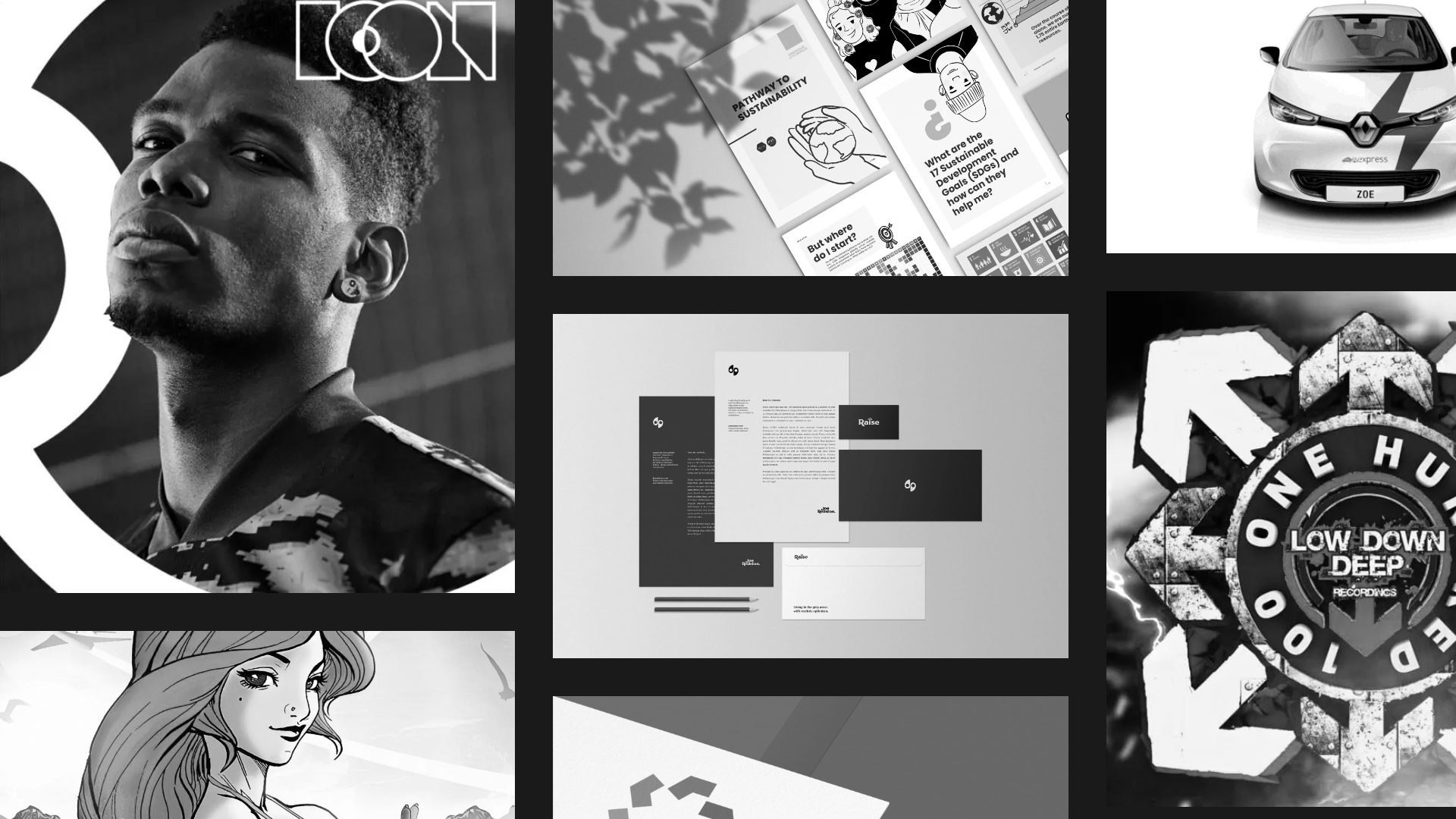 A curated collage of creative work by Scott Bennett, showcasing branding, illustration, publishing, editorial and digital design.