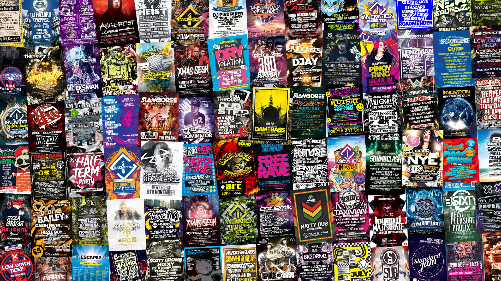 A collage of drum and bass event flyers designed by The Flyer Master, showcasing ten years of poster work for UK underground music culture.