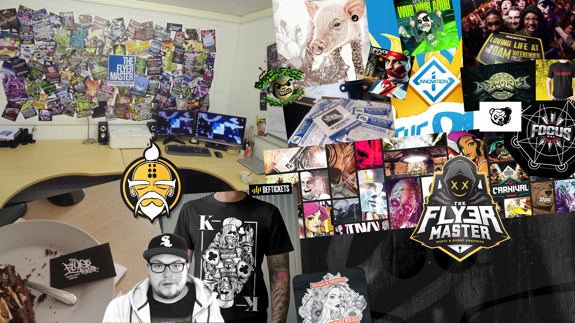 A collage capturing the essence of The Flyer Master: a home office setup covered in printed flyers, memorabilia, gig tickets and branded merch.