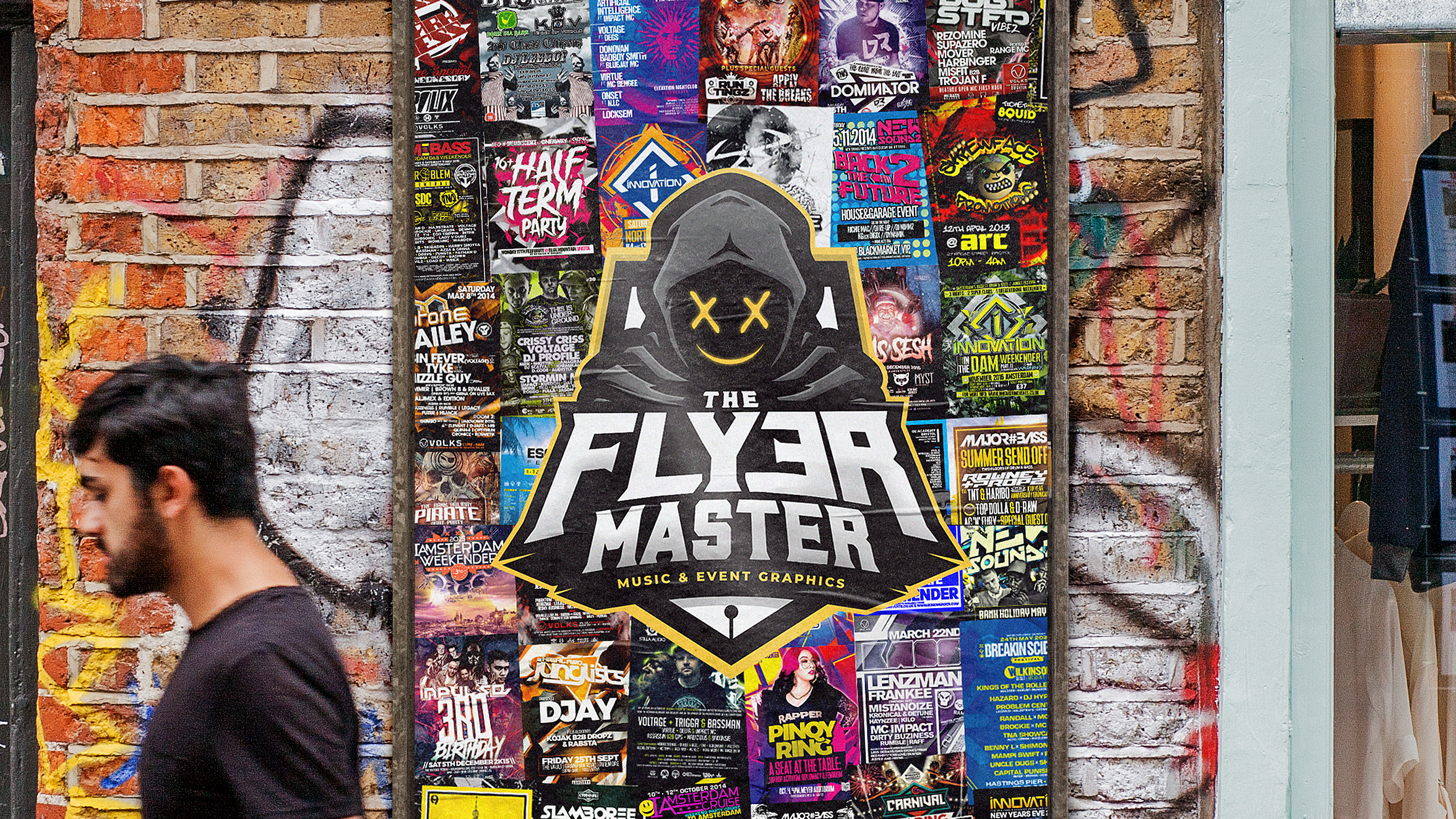The Flyer Master logo and poster wall design by Scott Bennett, showcasing vibrant music and event flyer artwork on a graffiti-covered brick wall.