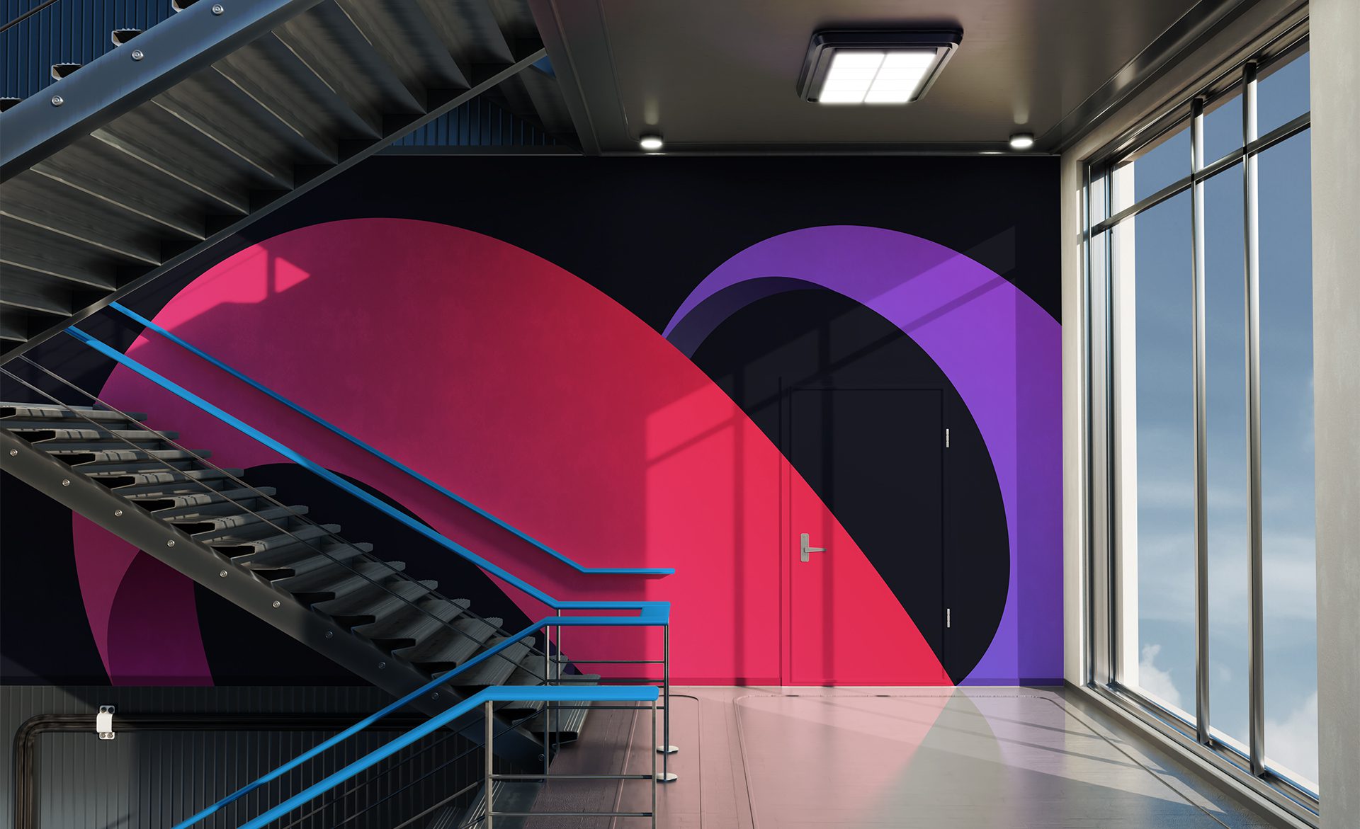 Interior stairwell with a large WRS wall mural in pink, purple and black, featuring modern lighting and clean architectural lines.