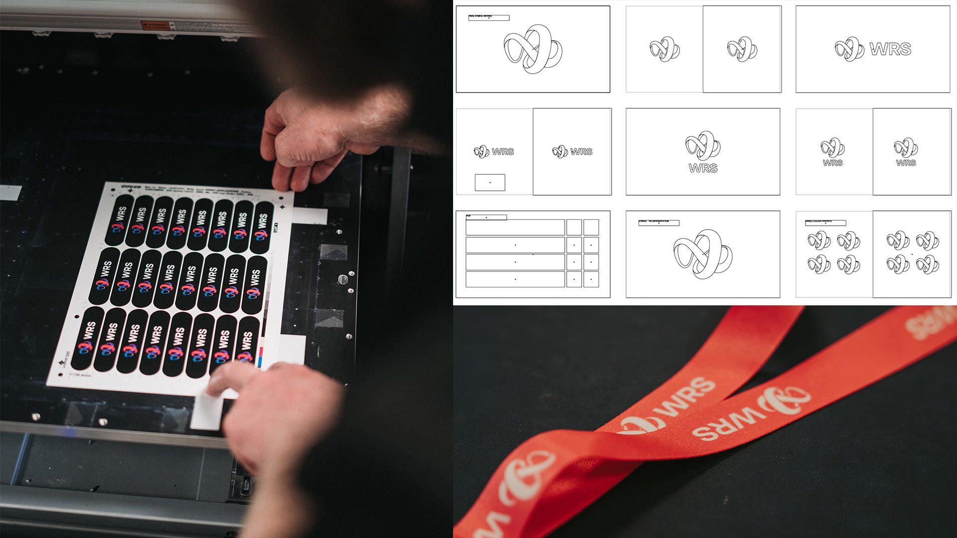 WRS branded stickers and lanyards, part of the physical brand application across print and merch.